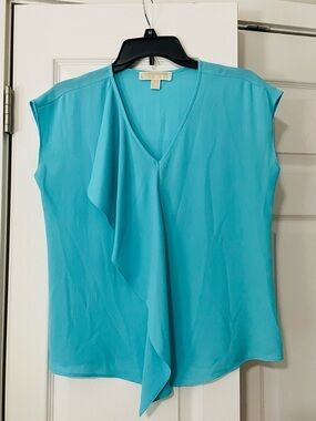 Michael Kors Turquoise V-Neck Ruffle Cap-Sleeve Blouse